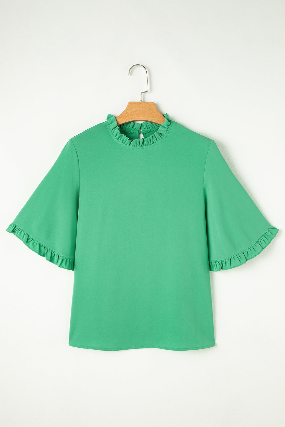 Blue Zone Planet | Green Frilly Round Neck Wide Half Sleeve Blouse-Tops/Blouses & Shirts-[Adult]-[Female]-2022 Online Blue Zone Planet