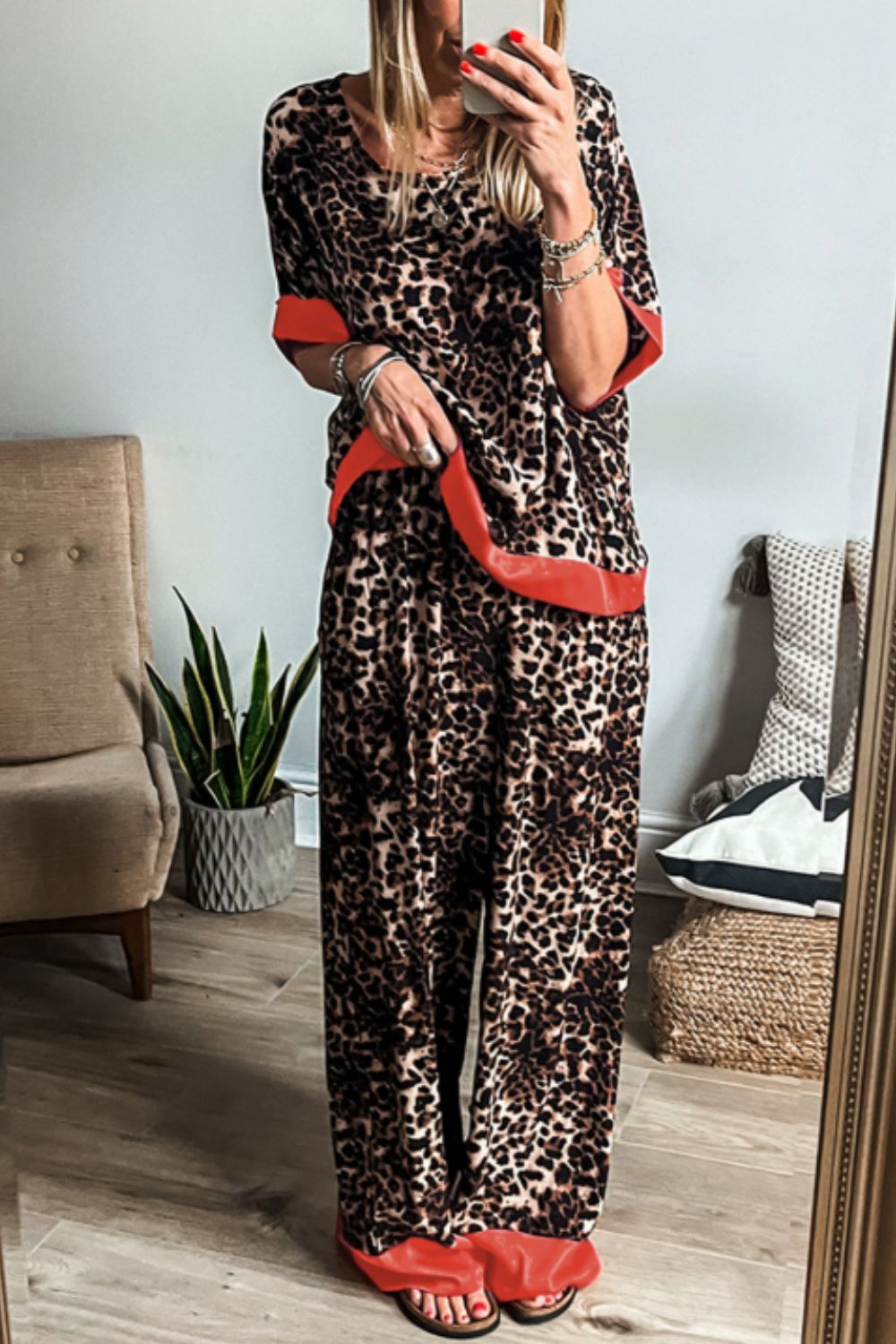 Contrast Trim Leopard Round Neck Top and Pants Lounge Set-TOPS / DRESSES-[Adult]-[Female]-2022 Online Blue Zone Planet