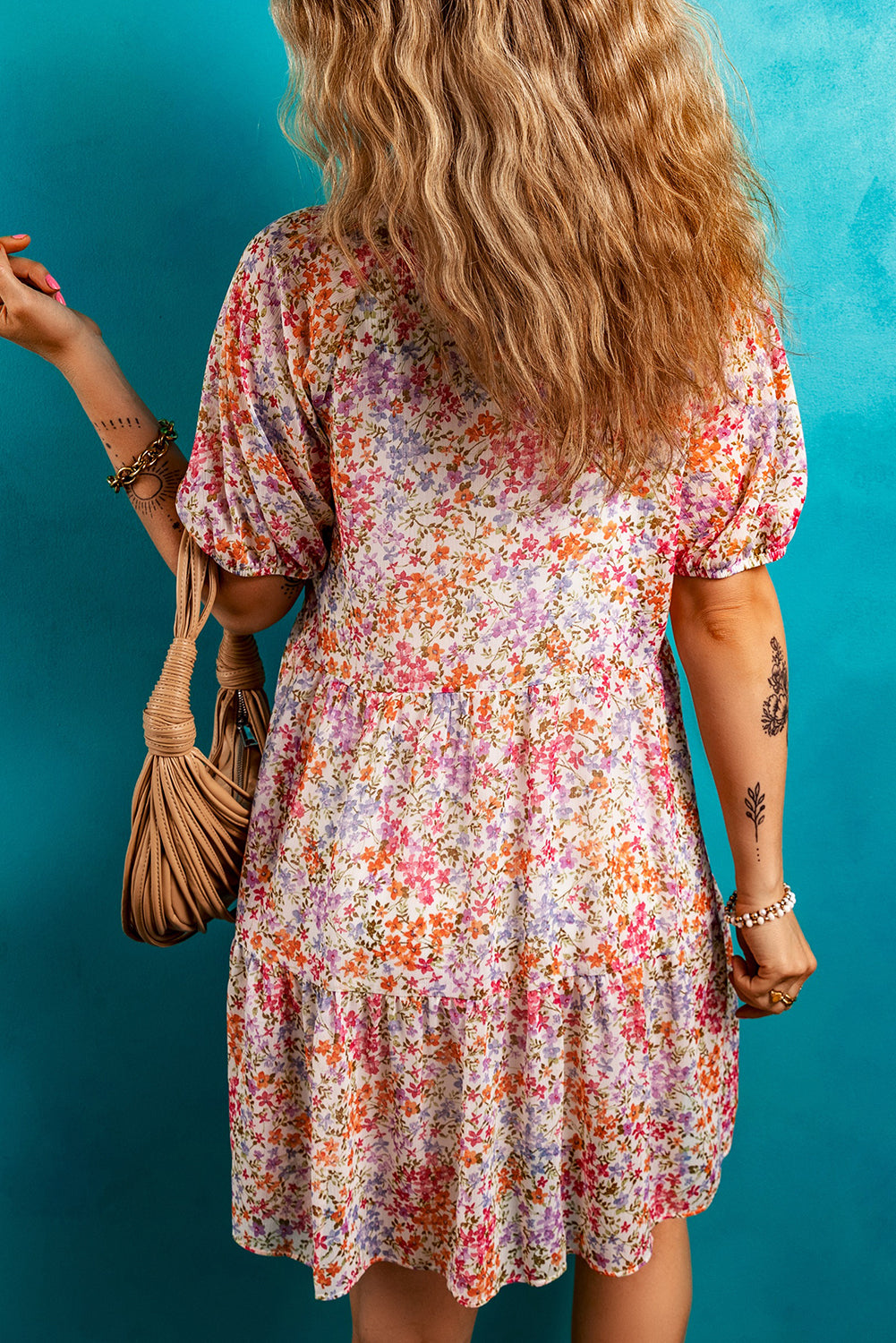 Red Floral Puff Sleeve Notched V Neck Tiered Mini Dress-TOPS / DRESSES-[Adult]-[Female]-2022 Online Blue Zone Planet