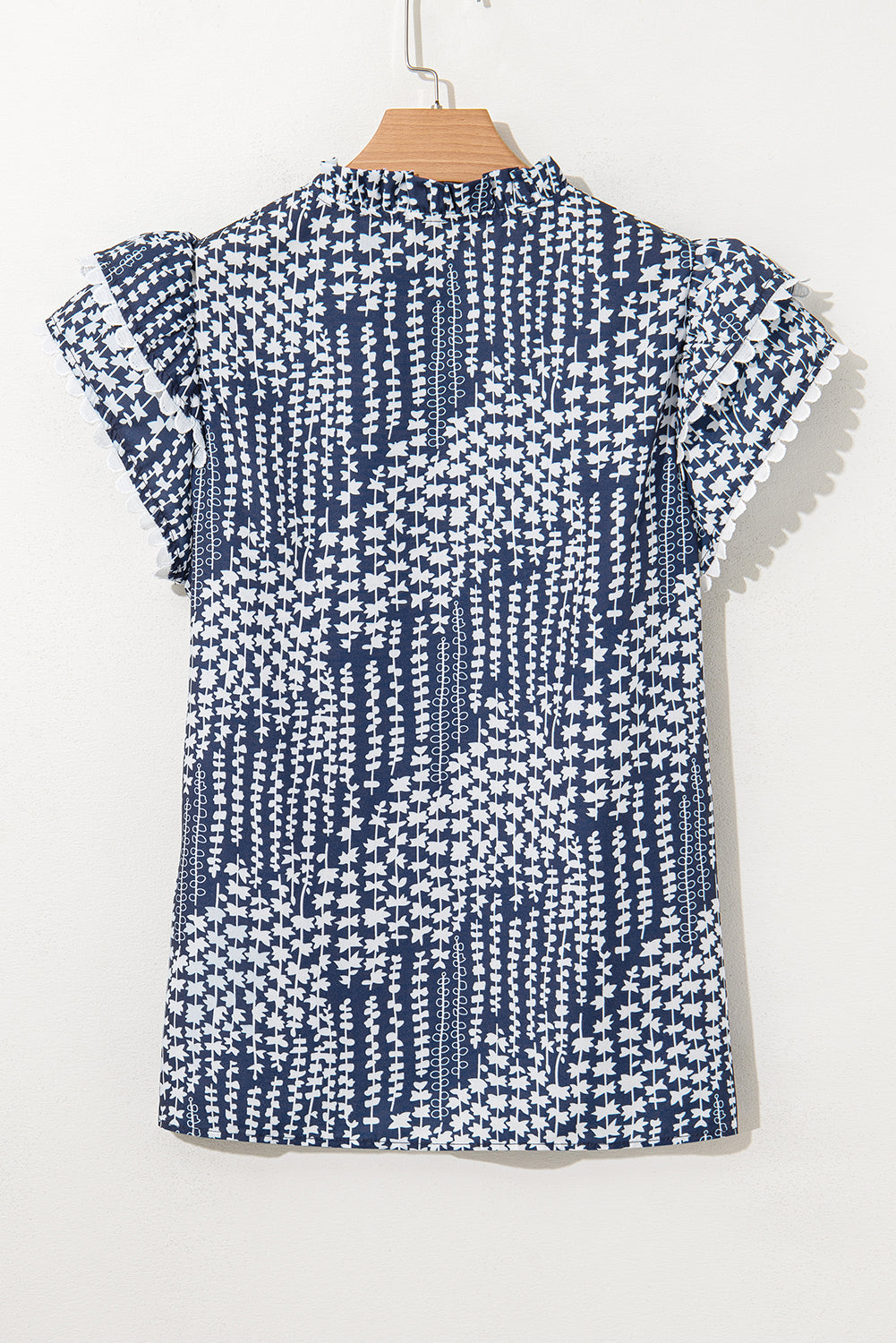 Sky Blue Abstract Print Ric Rac Trim Flutter Sleeve Notch V Neck Blouse-Tops/Blouses & Shirts-[Adult]-[Female]-2022 Online Blue Zone Planet
