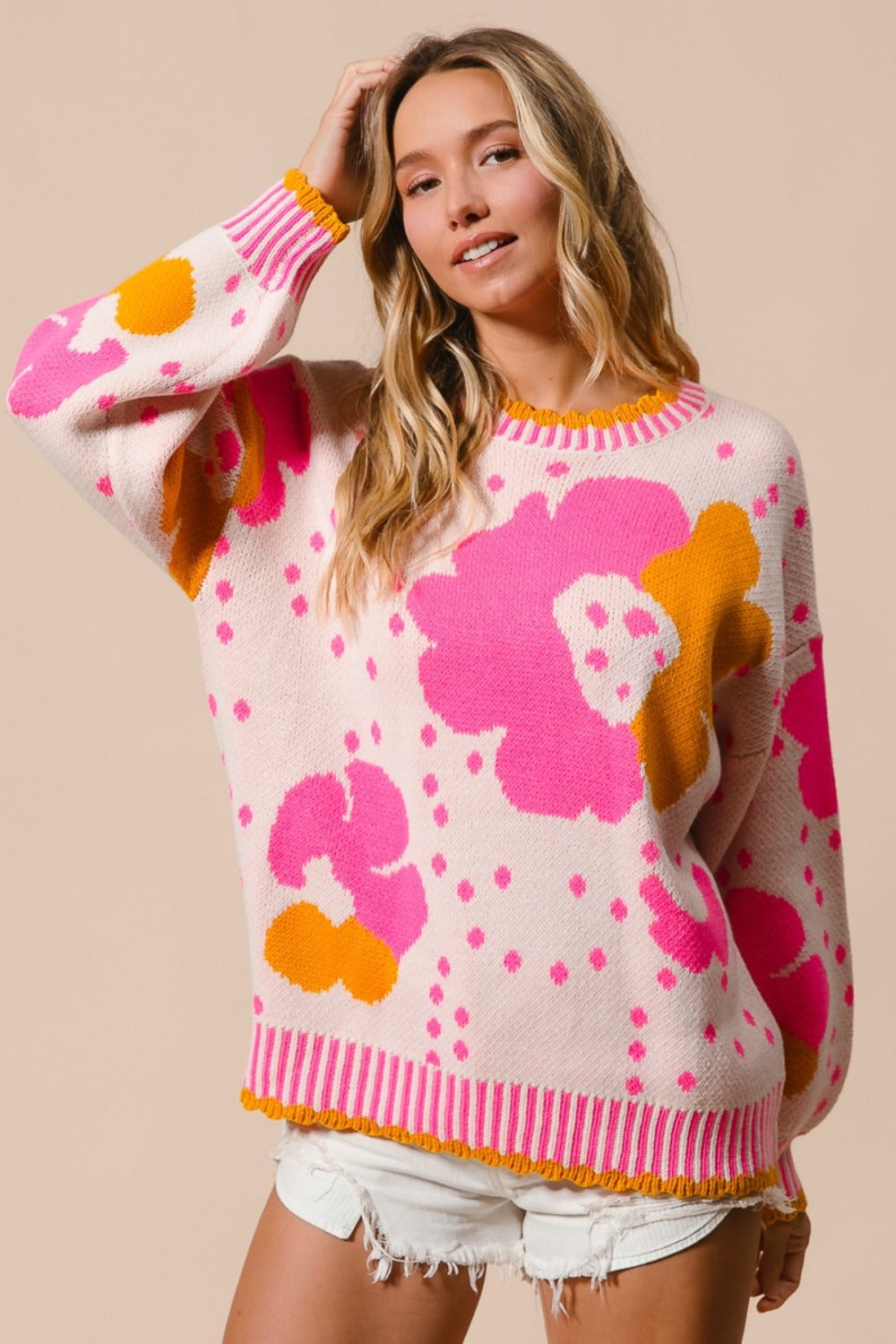 Blue Zone Planet | BiBi Flower Pattern Contrast Sweater-TOPS / DRESSES-[Adult]-[Female]-Pink Combo-S-2022 Online Blue Zone Planet