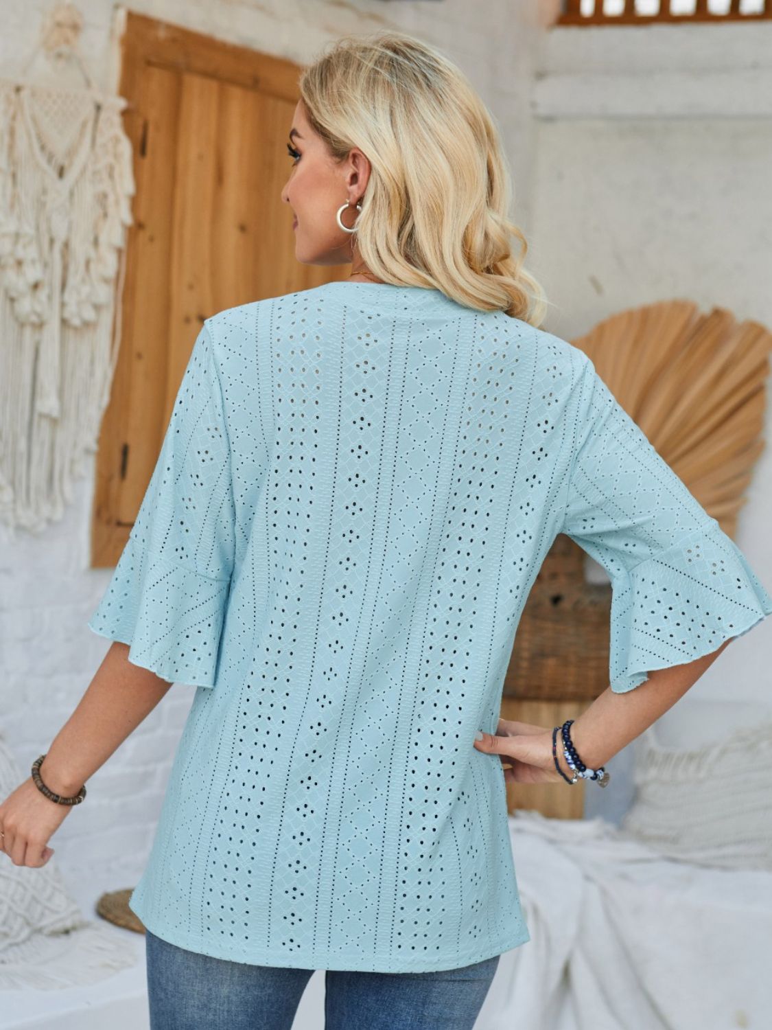 Eyelet Notched Half Sleeve T-Shirt-TOPS / DRESSES-[Adult]-[Female]-2022 Online Blue Zone Planet