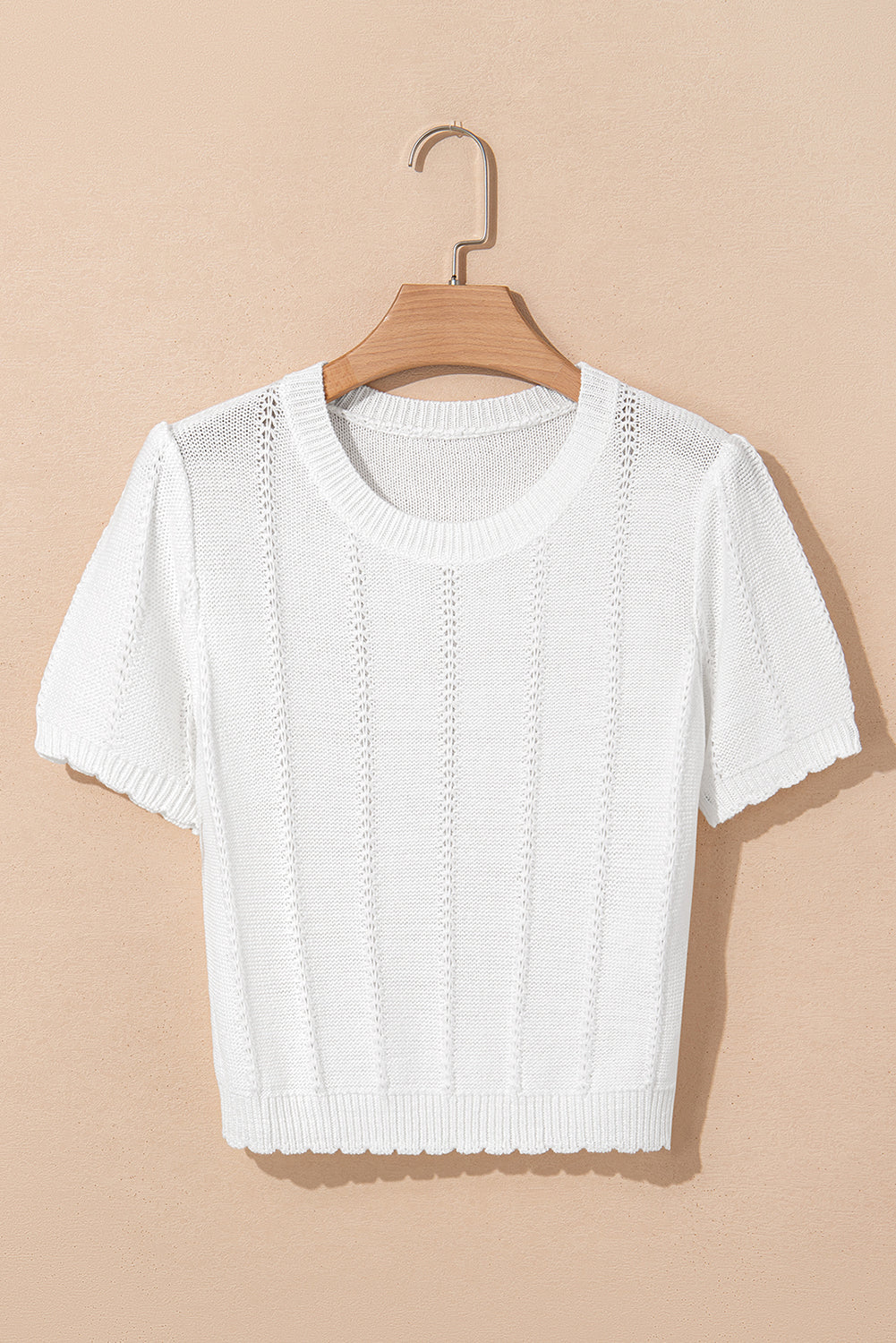 White Pointelle Knit Short Puff Sleeve Crewneck Sweater-TOPS / DRESSES-[Adult]-[Female]-2022 Online Blue Zone Planet