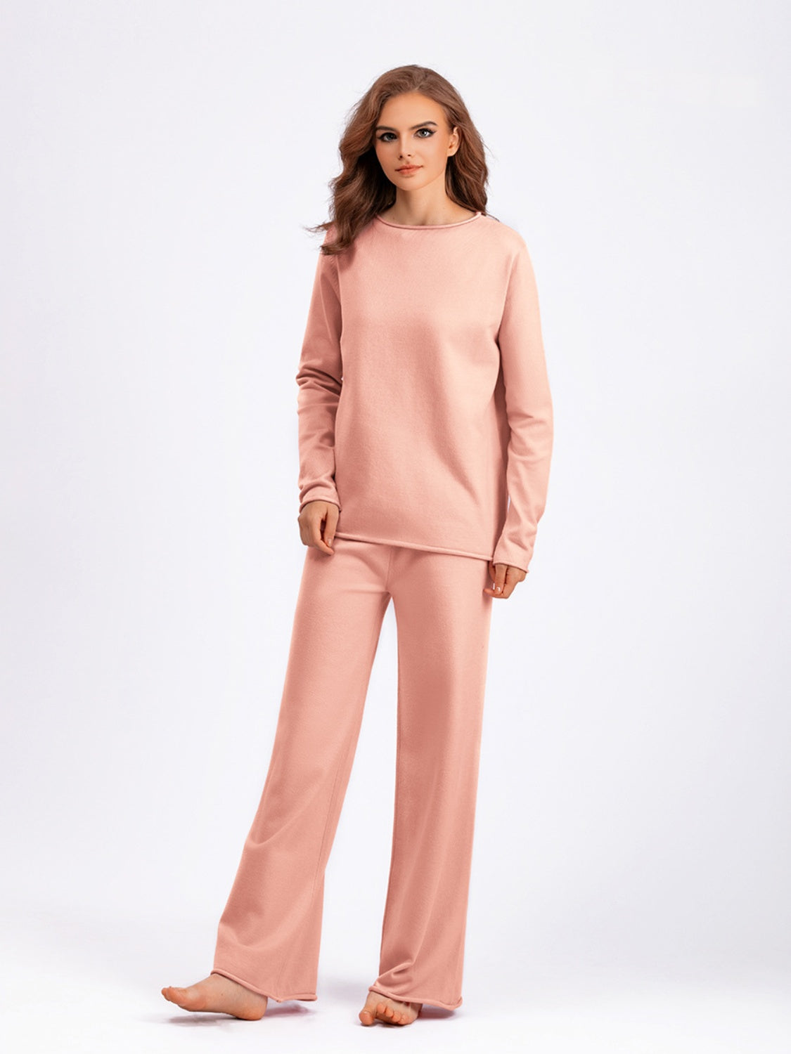 Blue Zone Planet | Basic Bae Rolled Round Neck Top and Pants Sweater Set-TOPS / DRESSES-[Adult]-[Female]-Pale Blush-One Size-2022 Online Blue Zone Planet