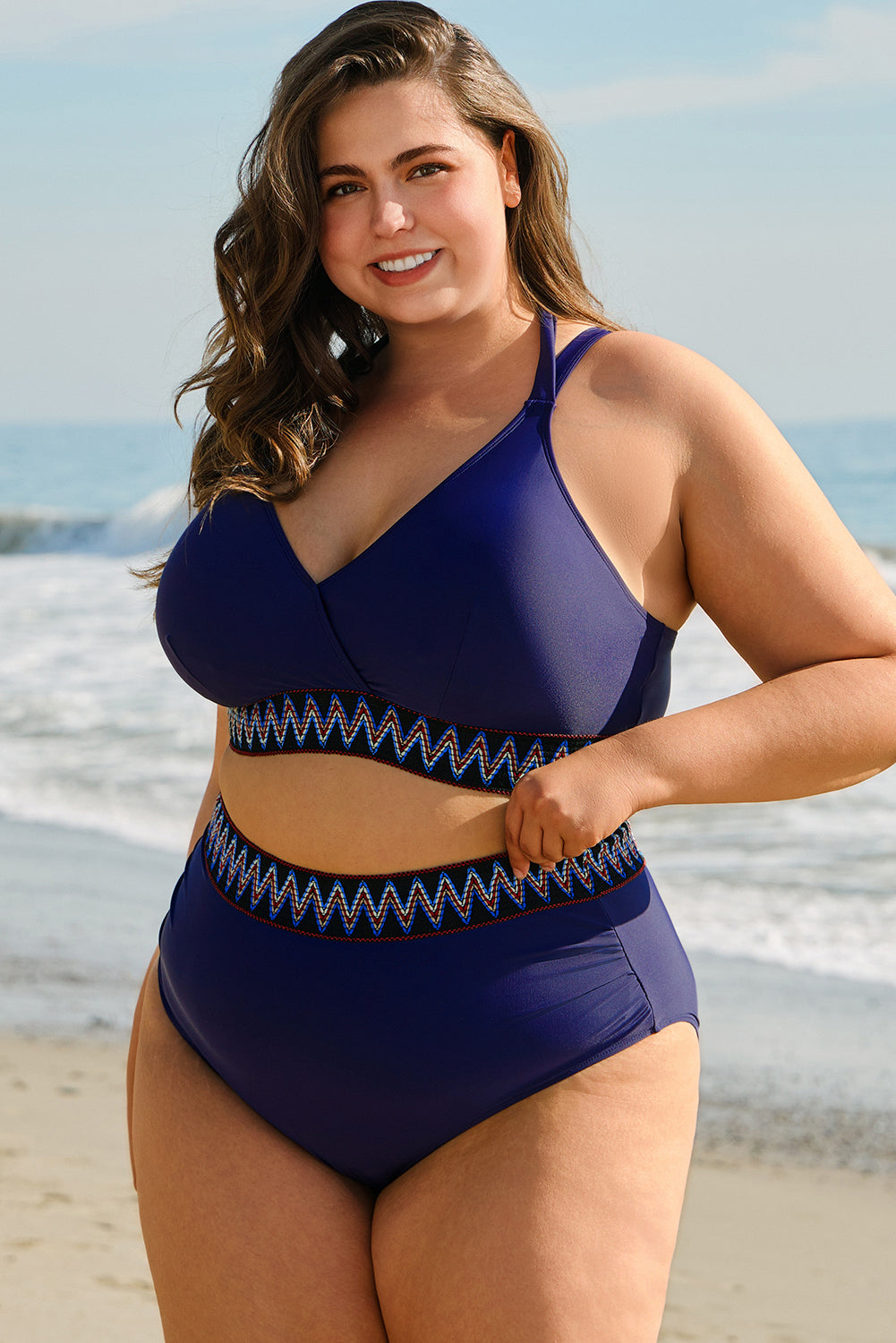Navy Blue Embroidered Trim Wrap Tie Knot Plus Size High Waisted Bikini-Plus Size/Plus Size Swimwear-[Adult]-[Female]-2022 Online Blue Zone Planet