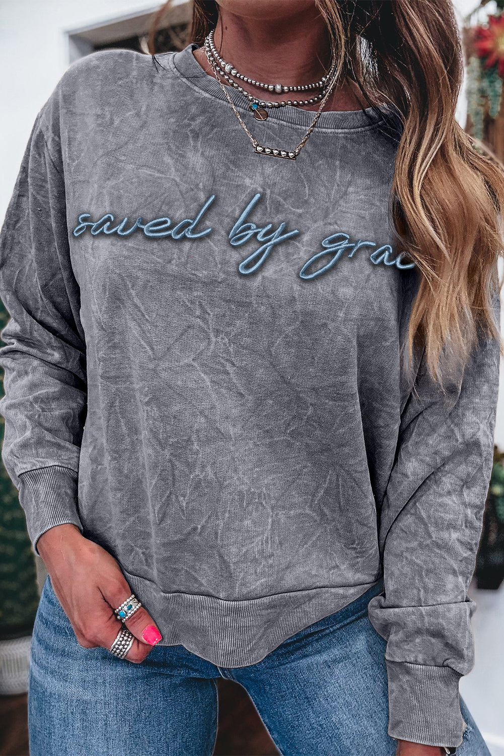High-Rise Saved By Grace Letter Embroidery Mineral Wash Loose Sweatshirt-Tops/Sweatshirts & Hoodies-[Adult]-[Female]-2022 Online Blue Zone Planet