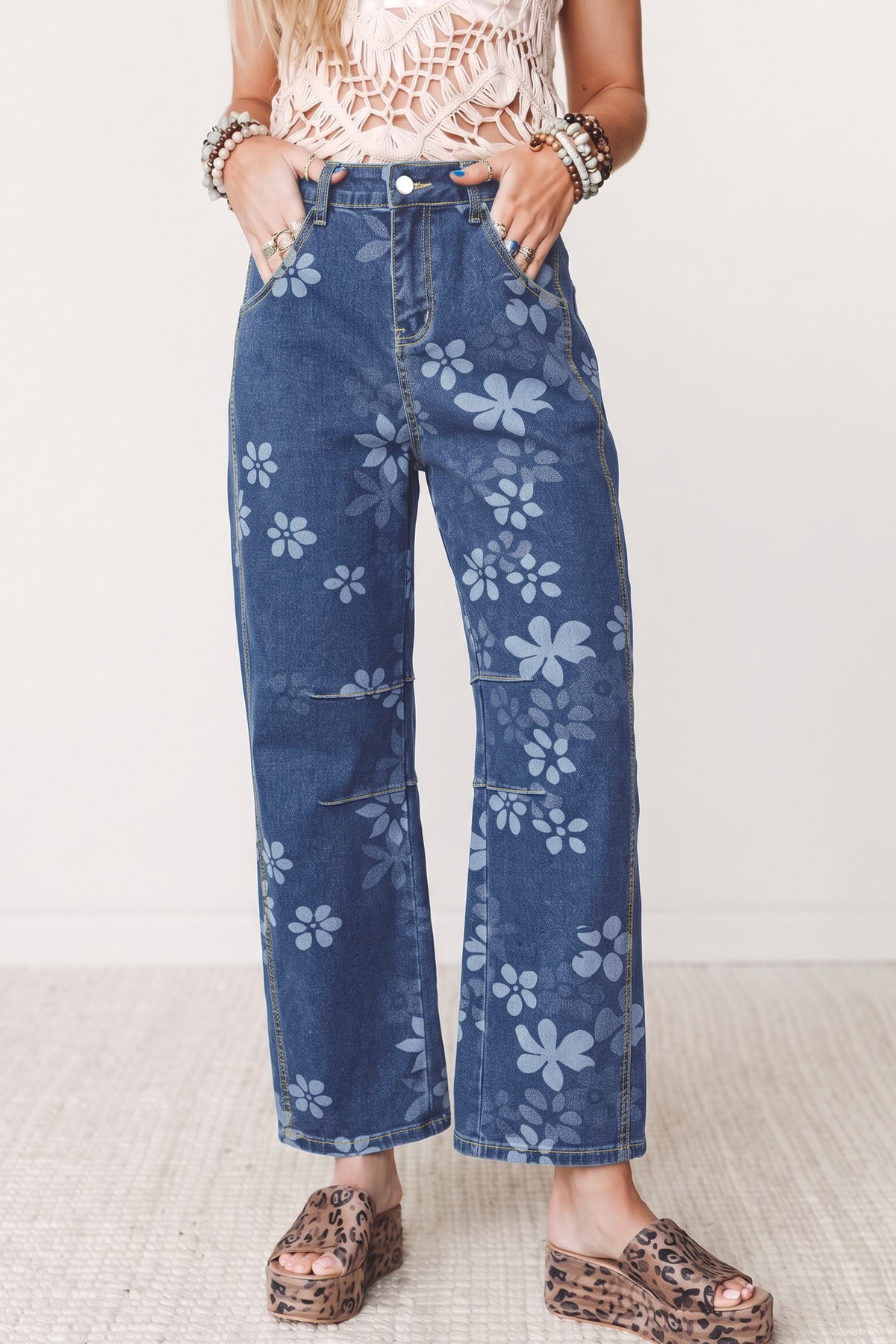 Blue Floral Print Ankle Length Casual Pocket Jeans-Bottoms/Jeans-[Adult]-[Female]-2022 Online Blue Zone Planet