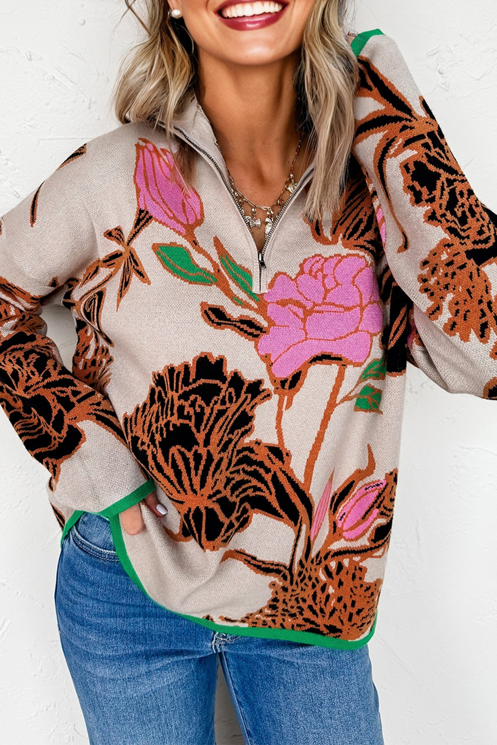 Khaki Floral Pattern Knit Quarter Zip Stand Neck Sweater-Sweaters & Cardigans/Sweaters-[Adult]-[Female]-2022 Online Blue Zone Planet