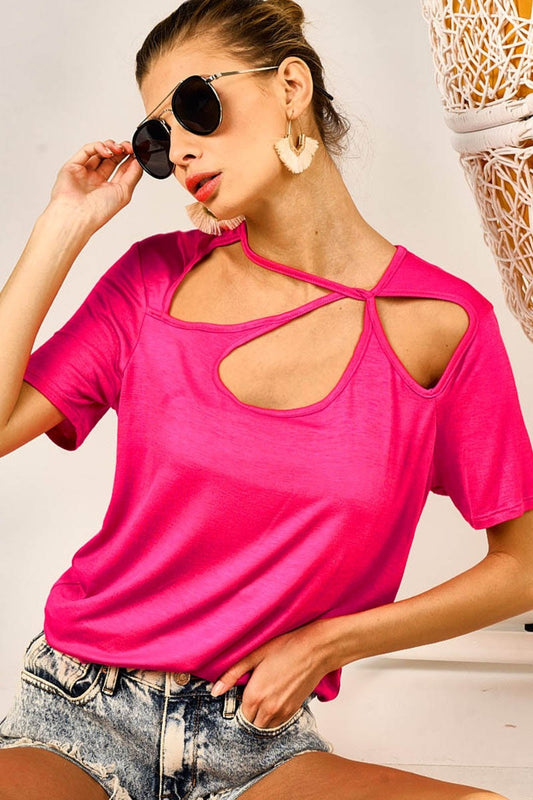 BiBi Cutout Asymmetrical Neck Short Sleeve T-Shirt-TOPS / DRESSES-[Adult]-[Female]-Fuchsia-S-2022 Online Blue Zone Planet