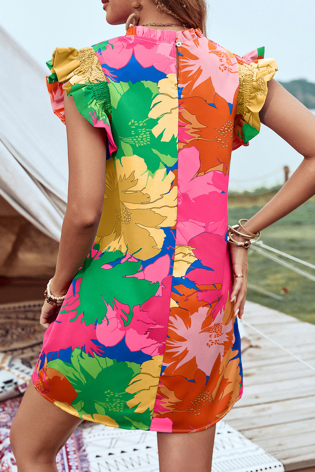 Blue Bold Floral Flutter Sleeve Shift Mini Dress with Pockets-Dresses/Floral Dresses-[Adult]-[Female]-2022 Online Blue Zone Planet