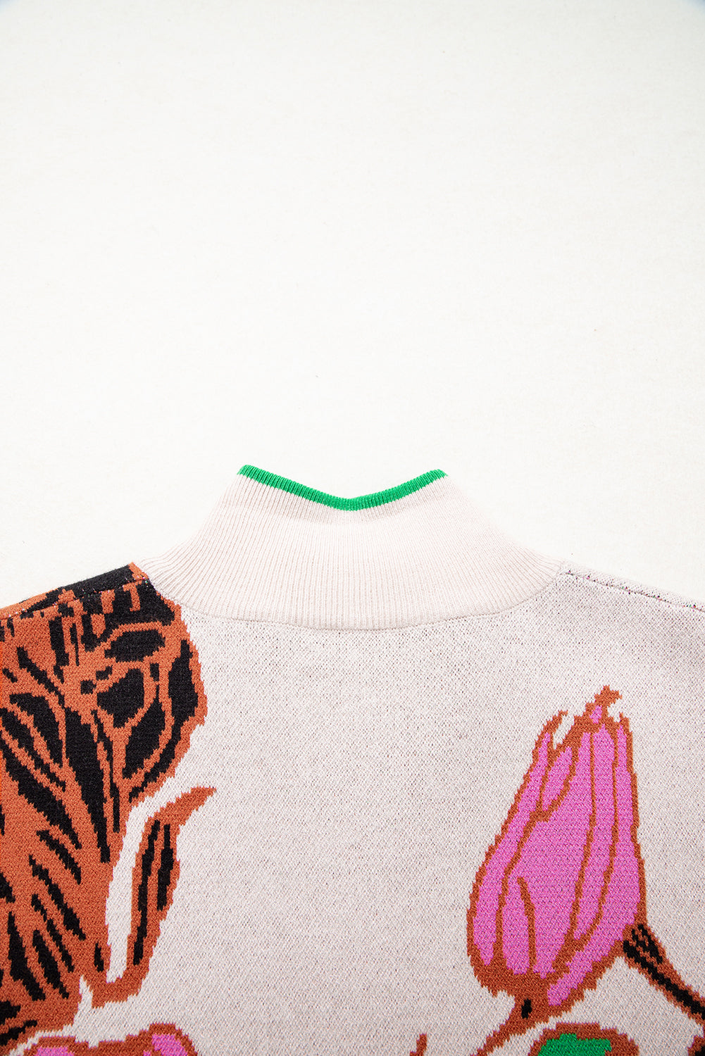 Khaki Floral Pattern Knit Quarter Zip Stand Neck Sweater-Sweaters & Cardigans/Sweaters-[Adult]-[Female]-2022 Online Blue Zone Planet