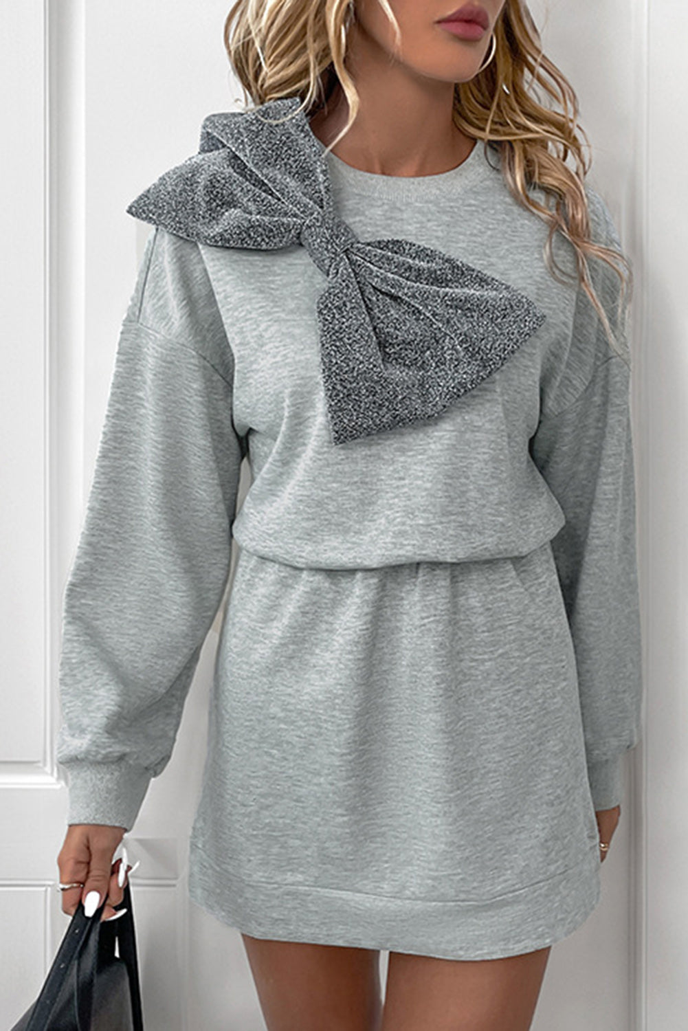 Gray Glitter Bow High Waist Sweatshirt Dress-Short Dresses-[Adult]-[Female]-Gray-S-2022 Online Blue Zone Planet