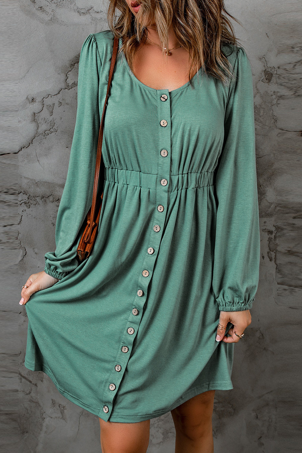 Blue Zone Planet | Green Button Up High Waist Long Sleeve Dress-TOPS / DRESSES-[Adult]-[Female]-2022 Online Blue Zone Planet