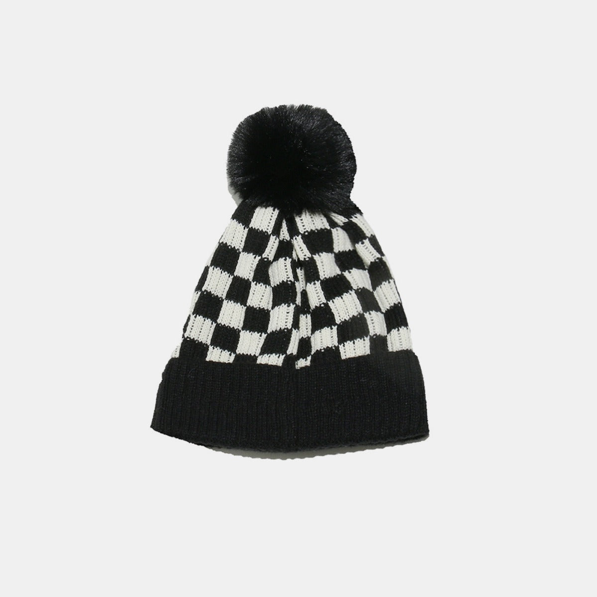 Checkered Knit Hat with Pompom-HATS-[Adult]-[Female]-2022 Online Blue Zone Planet