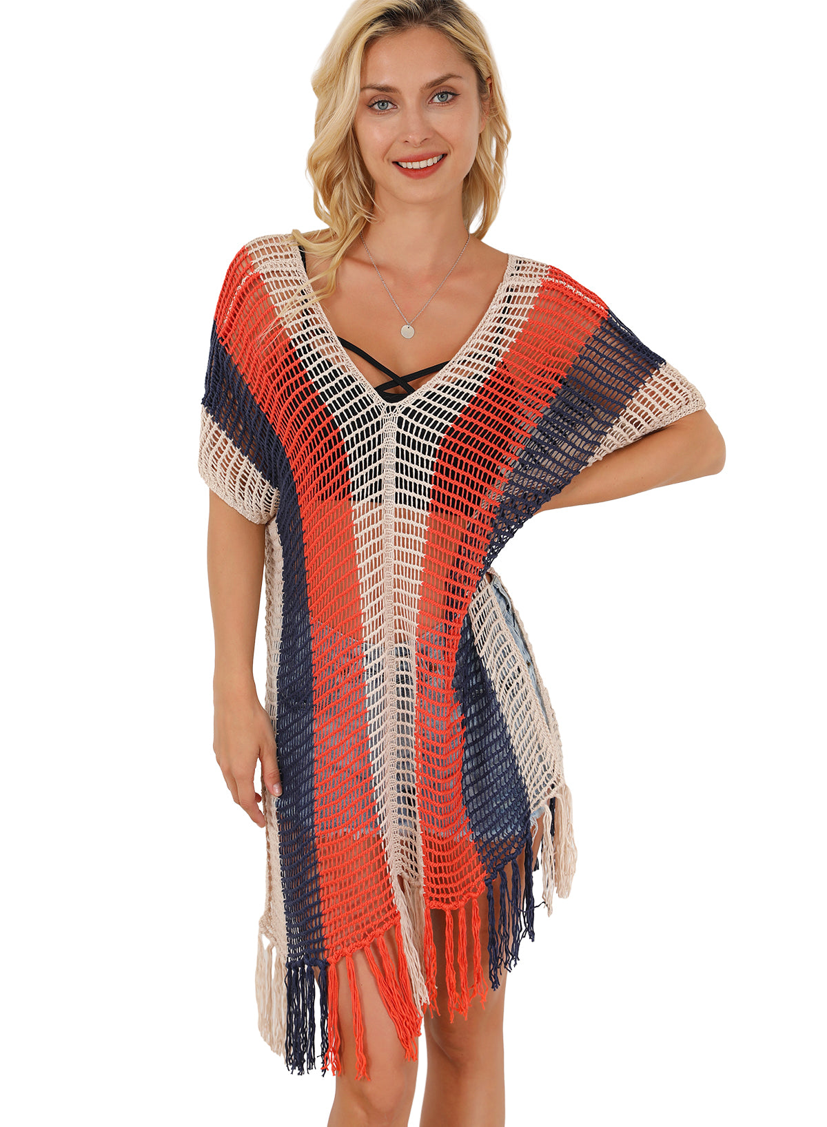 Blue Zone Planet |  Multicolor Striped Tassel Crochet V Neck Beach Cover Up Blue Zone Planet