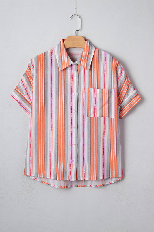 Pink Stripe Button Up Short Sleeve Shirt-Tops/Blouses & Shirts-[Adult]-[Female]-2022 Online Blue Zone Planet