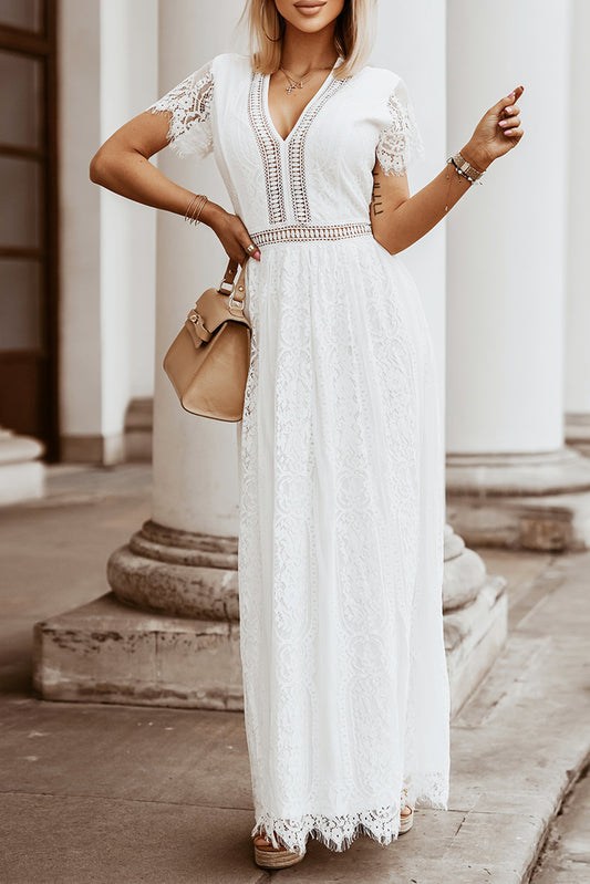 Blue Zone Planet |  White V Neck High Waist Lace Maxi Dress