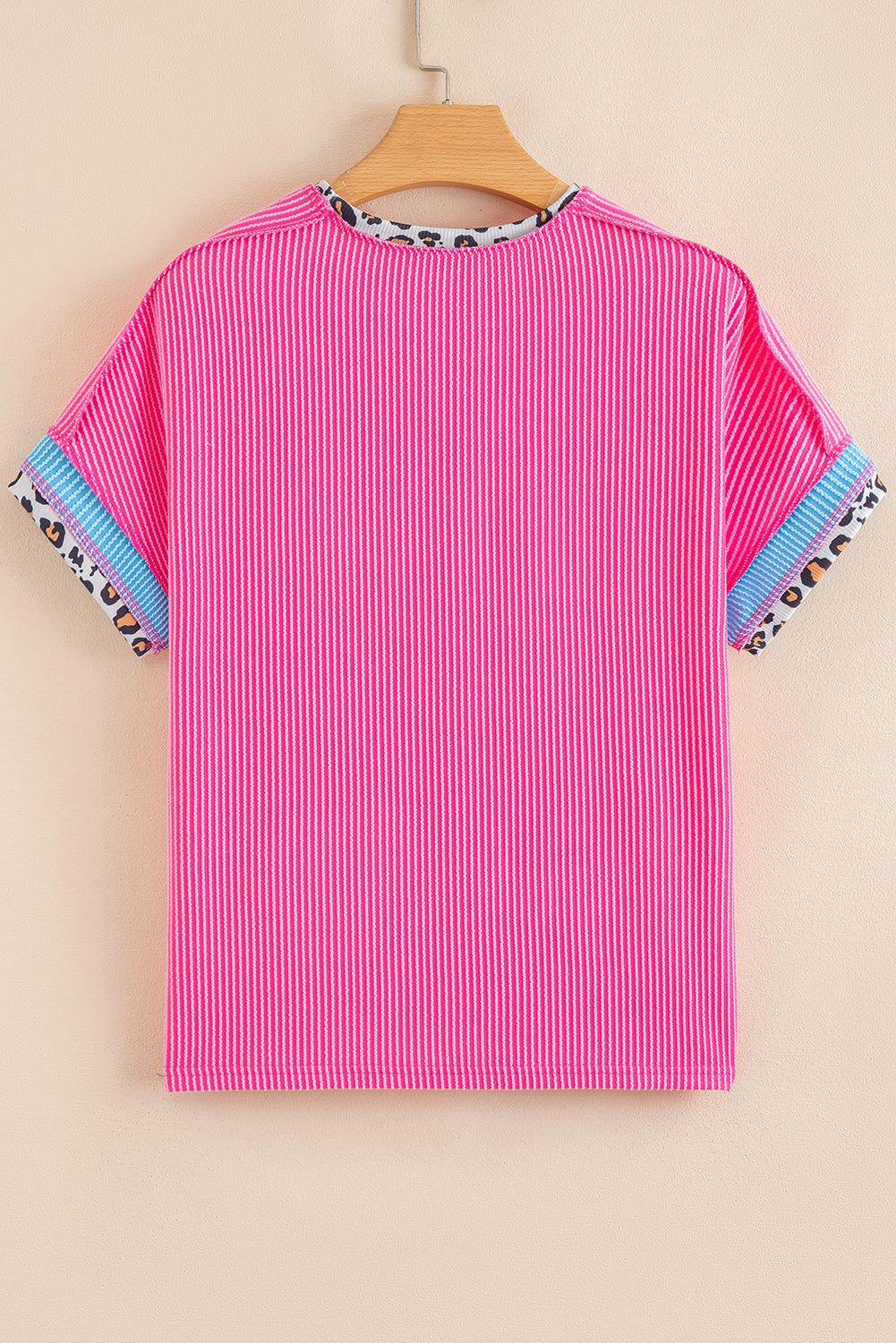 Bonbon Leopard Patchwork Corded Knit Crew Neck T Shirt-Tops/Tops & Tees-[Adult]-[Female]-2022 Online Blue Zone Planet