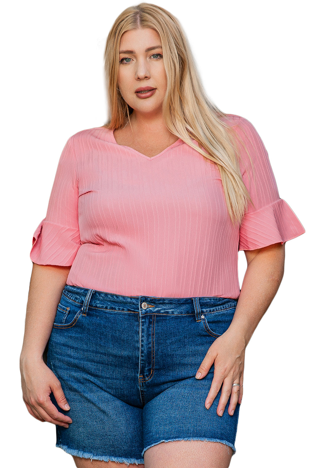 Peach Blossom Ruffled Half Sleeve V Neck Textured Plus Top-Plus Size/Plus Size Tops/Plus Size Blouses & Shirts-[Adult]-[Female]-2022 Online Blue Zone Planet