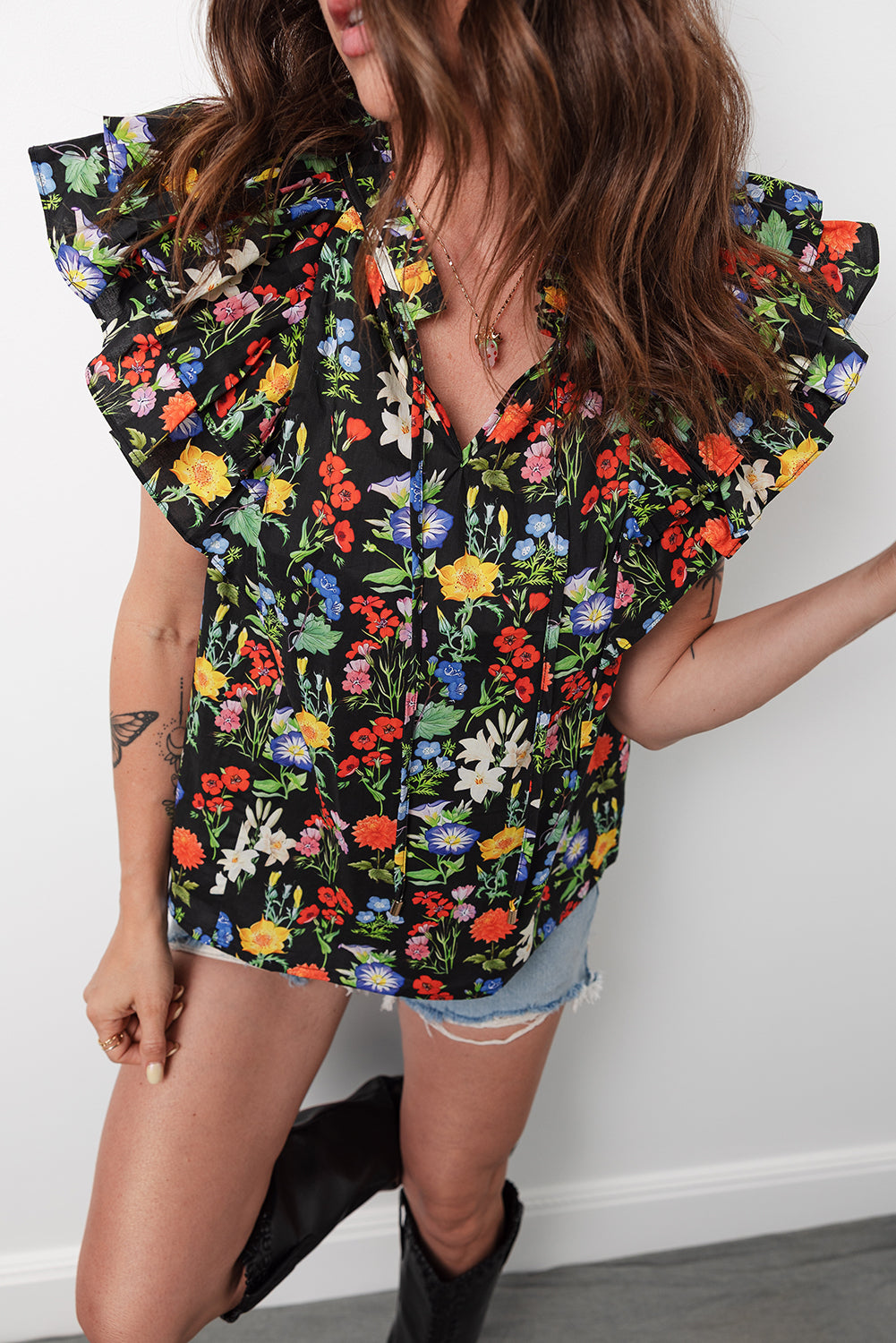 Black Tiered Flutter Sleeve V Neck Flower Blouse