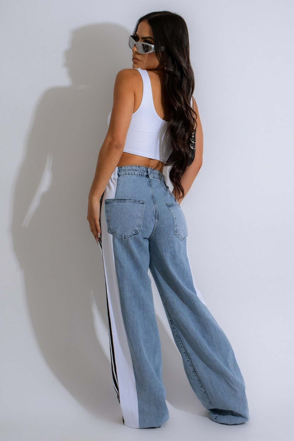 Contrast Side Striped Wide Leg Jeans-BOTTOMS SIZES SMALL MEDIUM LARGE-[Adult]-[Female]-2022 Online Blue Zone Planet