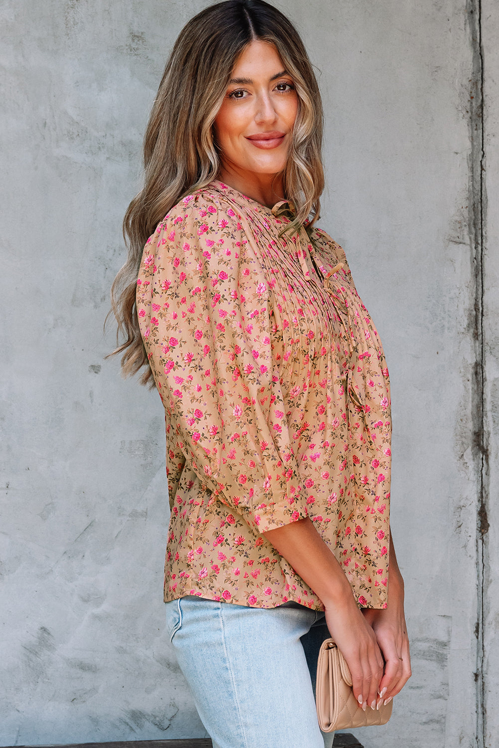 Light French Beige Floral Print Bow Pintuck Bust Half Puff Sleeve Blouse Top-Tops/Blouses & Shirts-[Adult]-[Female]-2022 Online Blue Zone Planet