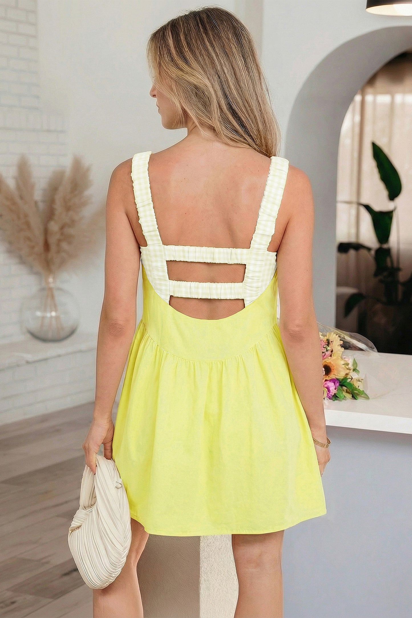 Yellow Cream Faux Two Piece Gingham Contrast Patchwork Loose Mini Dress-Dresses/Mini Dresses-[Adult]-[Female]-2022 Online Blue Zone Planet
