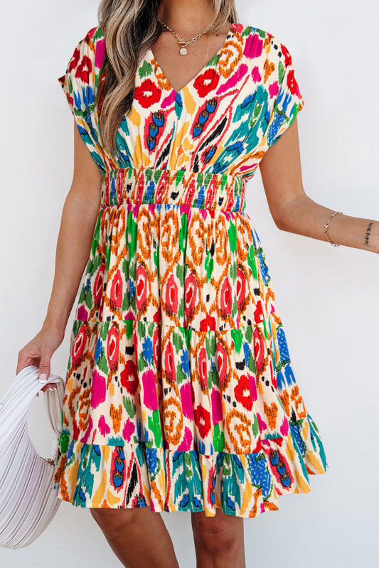 Sky Blue Abstract Print V Neck Dolman Sleeve Ruffle Tiered Mini Dress-Short Dresses-[Adult]-[Female]-Sky Blue-L-2022 Online Blue Zone Planet