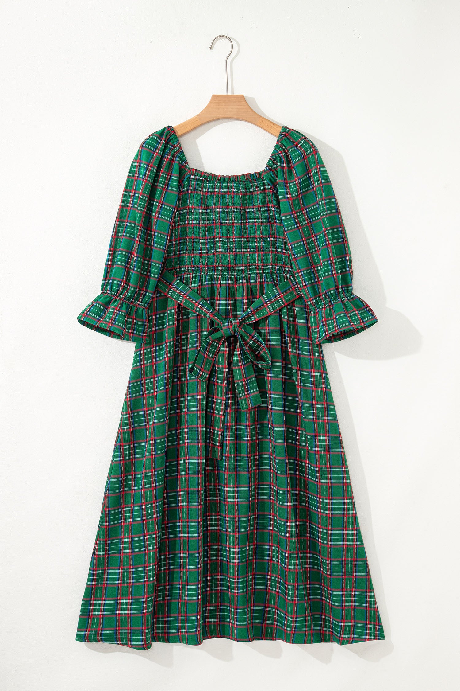 Green Tartan Plaid Square Neck Puff Sleeve Knot Waist Flared Midi Dress-TOPS / DRESSES-[Adult]-[Female]-2022 Online Blue Zone Planet