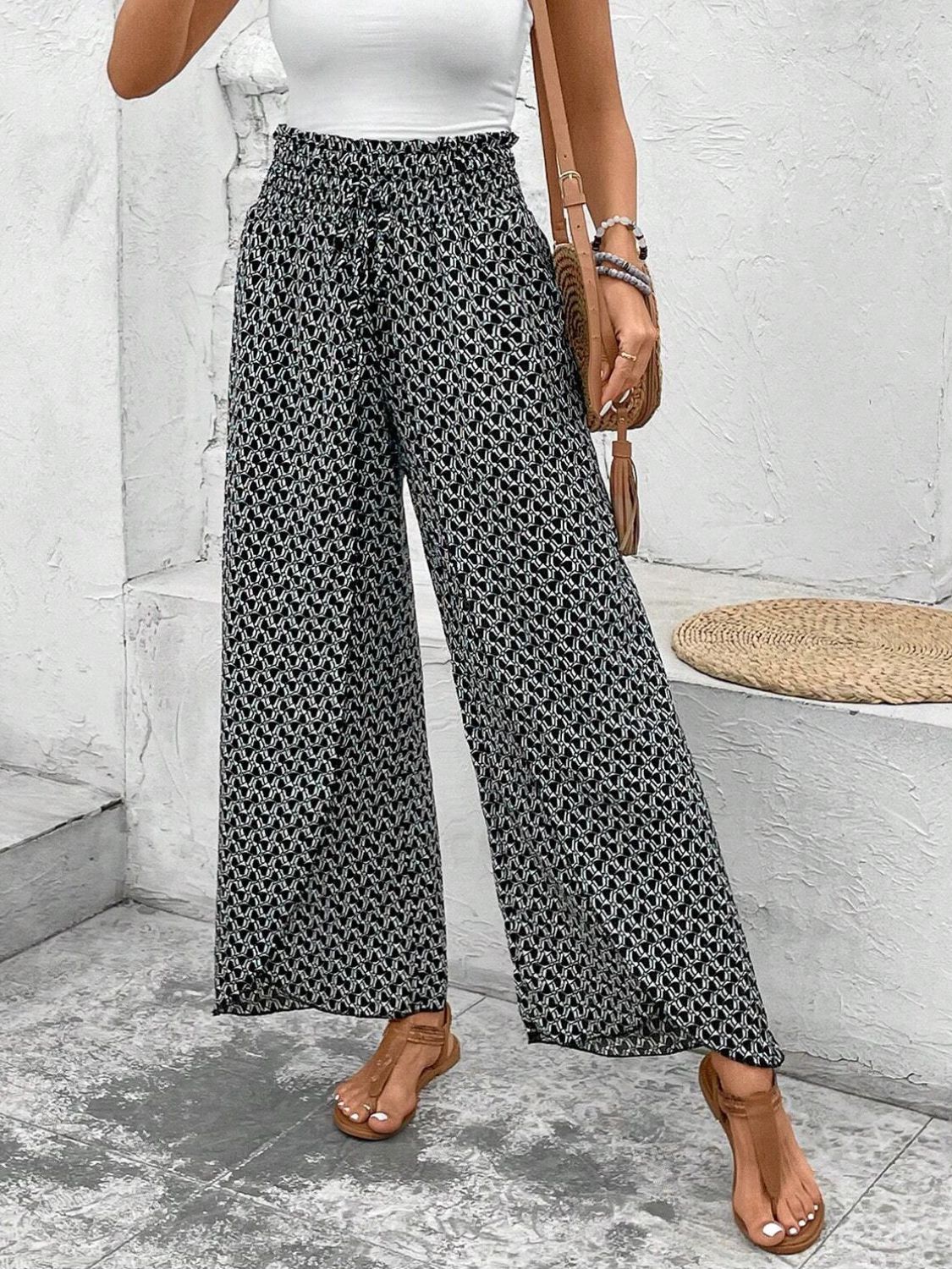 Blue Zone Planet | Tied Printed Wide Leg Pants-BOTTOMS SIZES SMALL MEDIUM LARGE-[Adult]-[Female]-2022 Online Blue Zone Planet