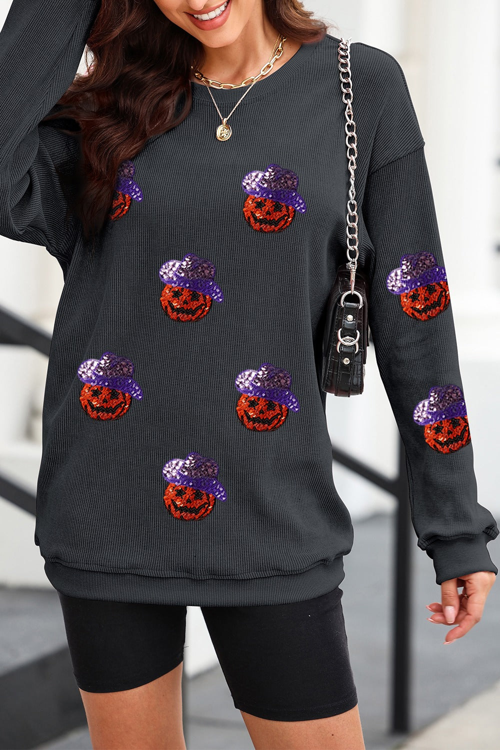 Blue Zone Planet | Sequin Pumpkin Long Sleeve Sweatshirt-TOPS / DRESSES-[Adult]-[Female]-2022 Online Blue Zone Planet