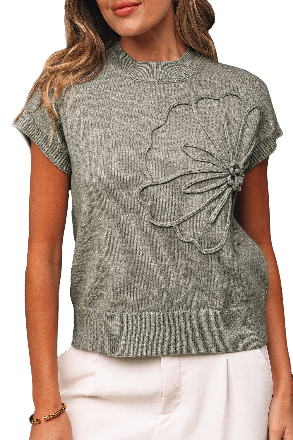 High Flower Pattern Ribbed Trim Short Sleeve Boxy Sweater-TOPS / DRESSES-[Adult]-[Female]-2022 Online Blue Zone Planet