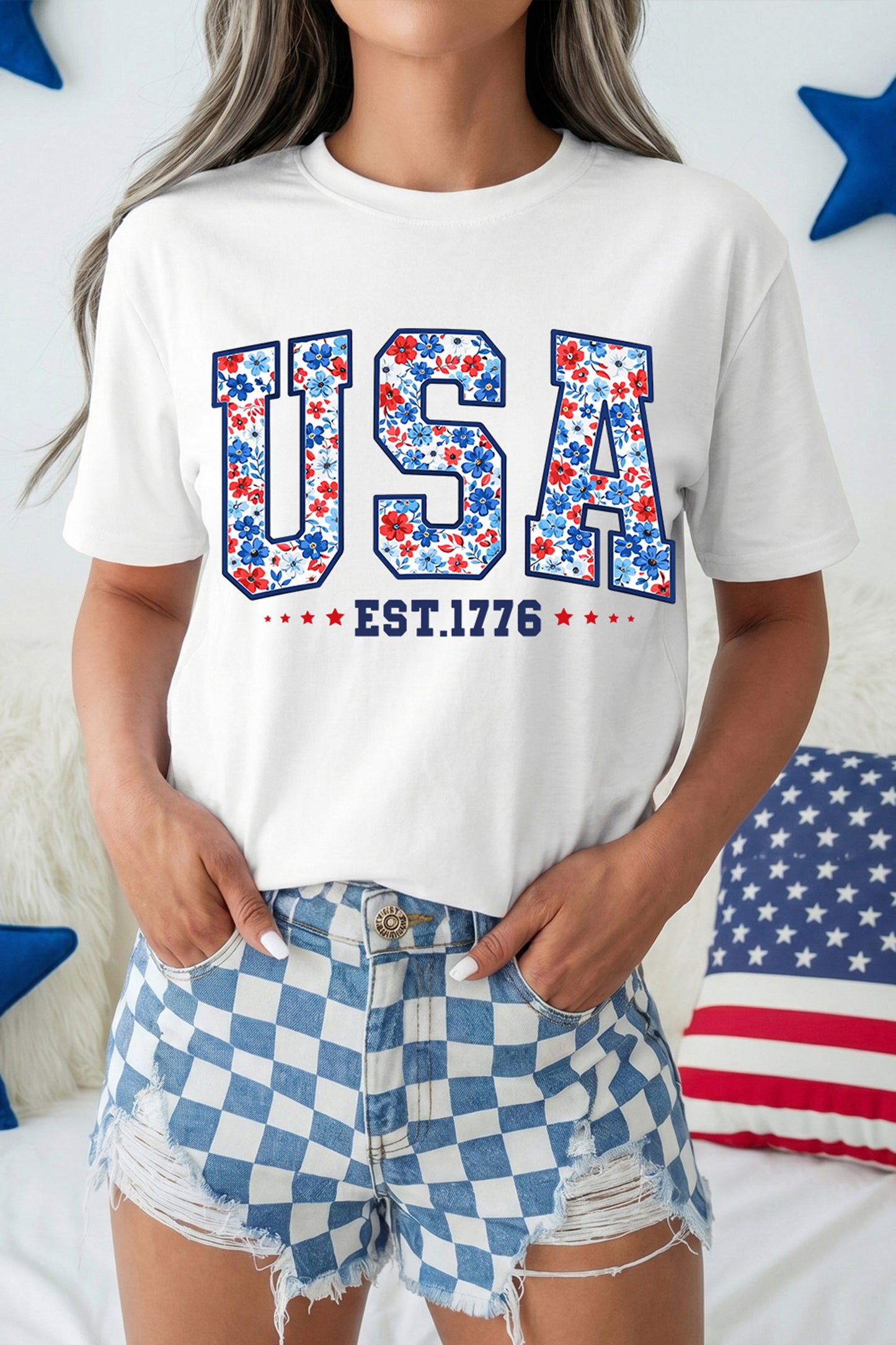 White USA Floral Print EST 1776 Patriotic Graphic Tee-Graphic/Graphic Tees-[Adult]-[Female]-2022 Online Blue Zone Planet