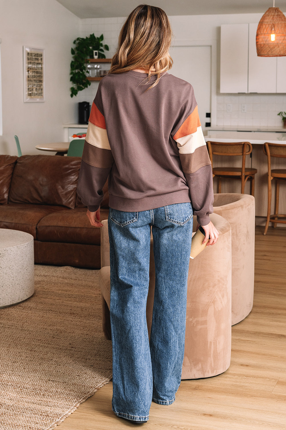 Dark Khaki Color Block Drop Shoulder Pullover Casual Sweatshirt-Tops/Sweatshirts & Hoodies-[Adult]-[Female]-2022 Online Blue Zone Planet