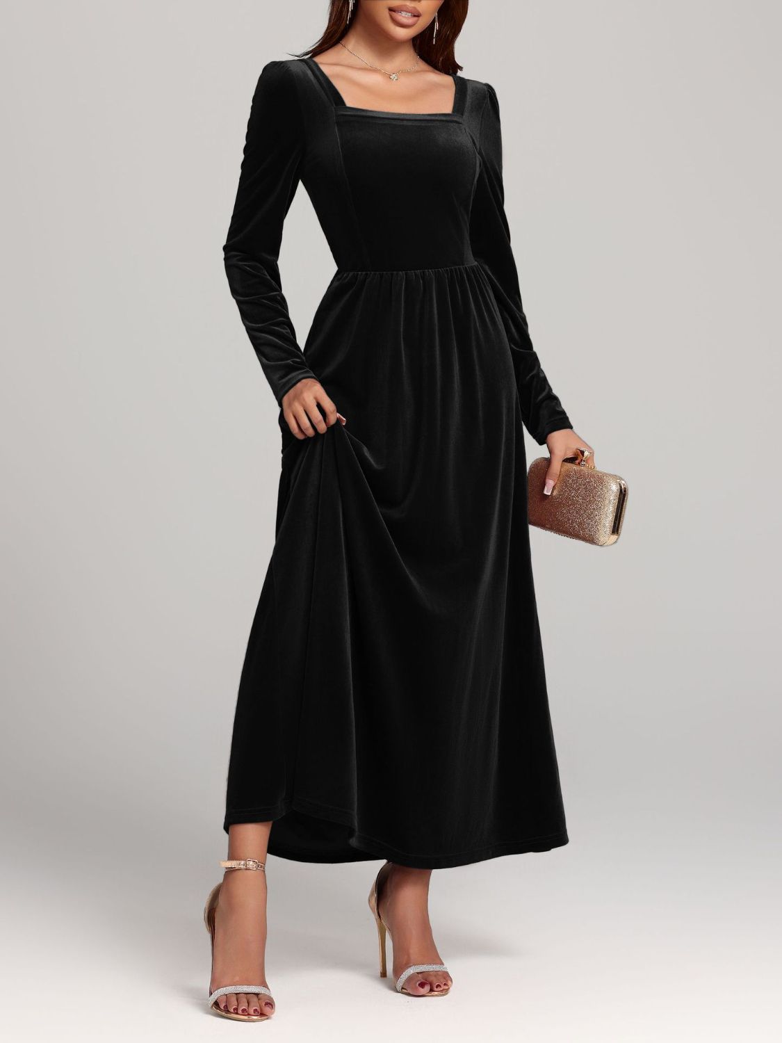 Blue Zone Planet | Velvet Square Neck Long Sleeve Dress-TOPS / DRESSES-[Adult]-[Female]-2022 Online Blue Zone Planet