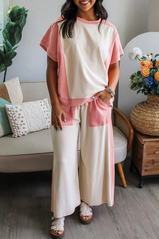 White Two-tone Color Block Patchwork Tee Drawstring Loose Pant Set-Two Piece Sets/Pant Sets-[Adult]-[Female]-White-S-2022 Online Blue Zone Planet