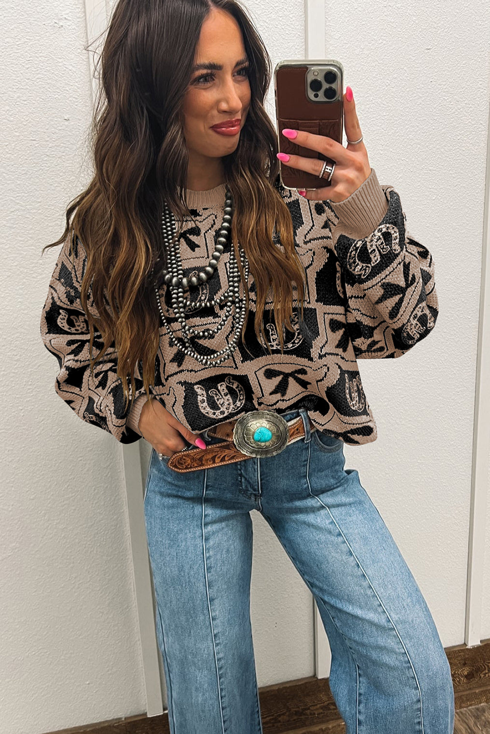 Black Bows & Horseshoes Pattern Western Fashion Print Sweater-Sweaters & Cardigans/Sweaters-[Adult]-[Female]-2022 Online Blue Zone Planet