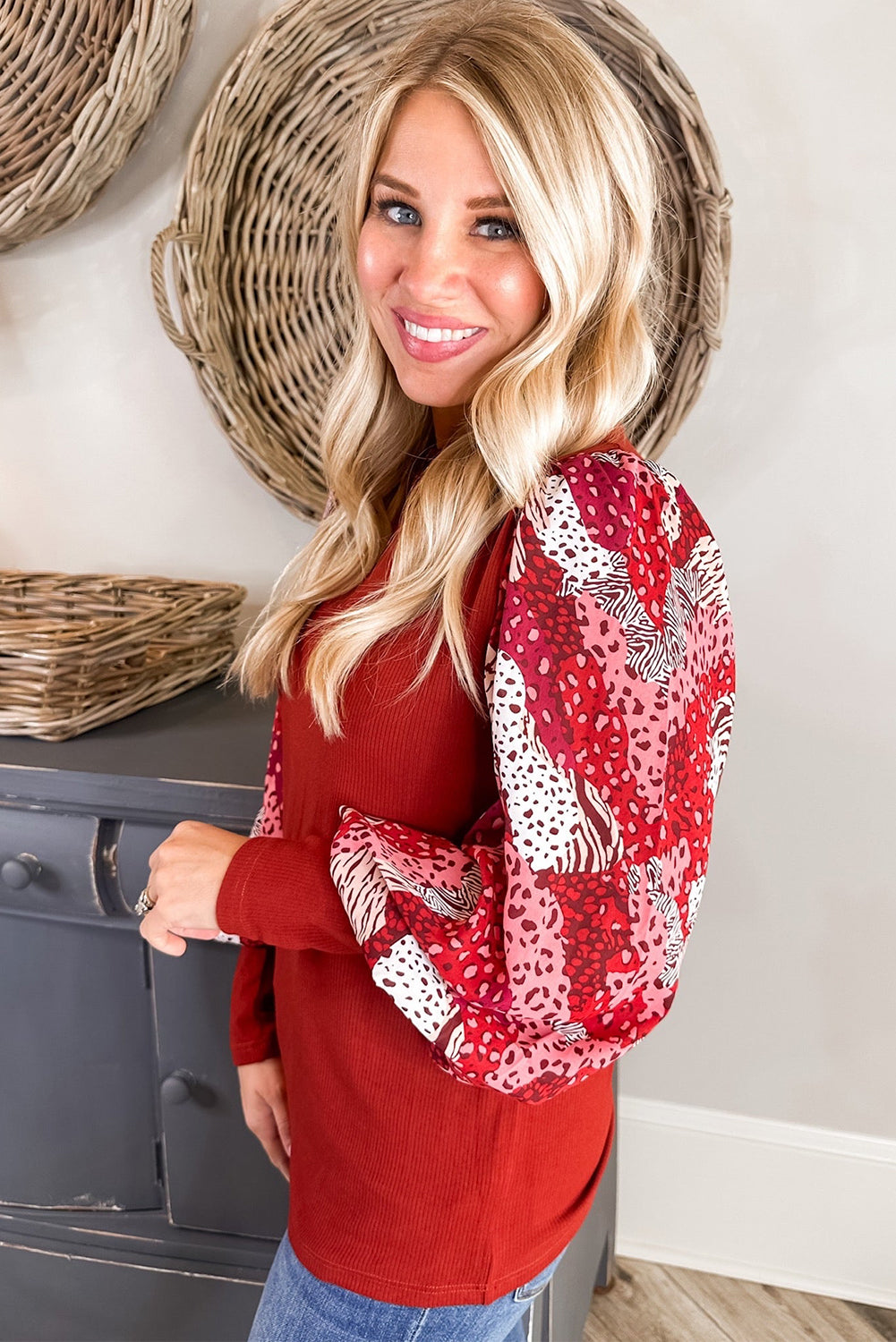 Fiery Red Contrast Mixed Animal Print Lantern Sleeve Patchwork Top-Tops/Long Sleeve Tops-[Adult]-[Female]-2022 Online Blue Zone Planet