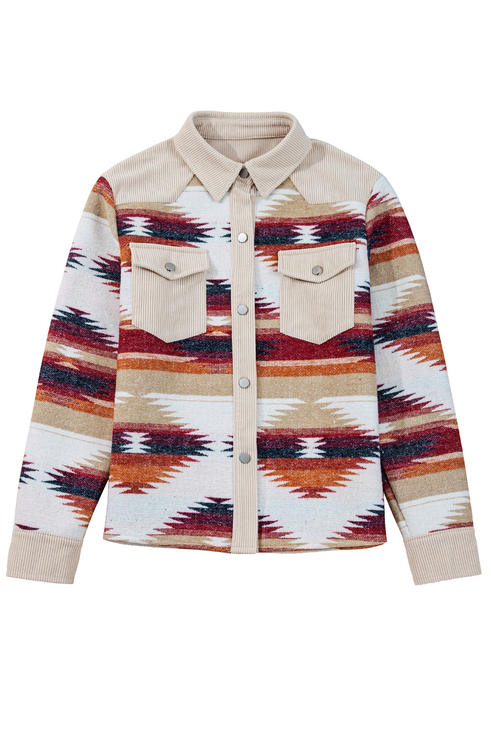 Multicolour Western Aztec Striped Patchwork Double Flap Pocket Raw Hem Shacket-Outerwear/Jackets-[Adult]-[Female]-2022 Online Blue Zone Planet