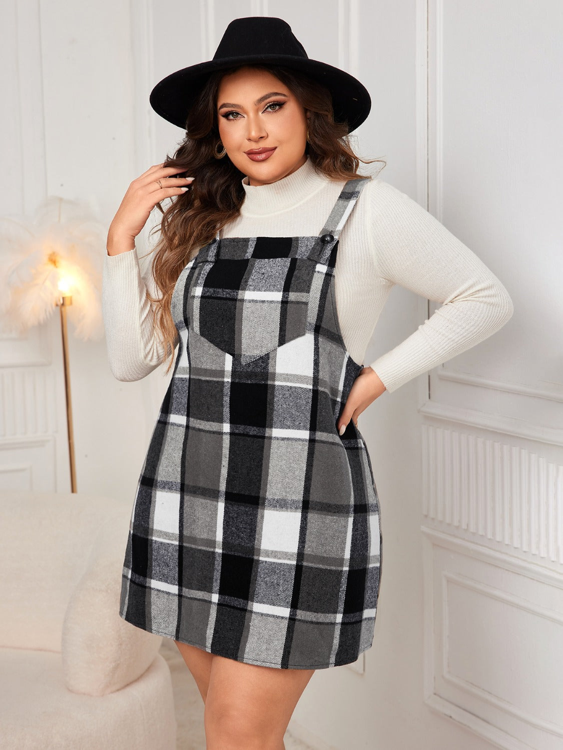 Blue Planet | Plus Size Plaid Wide Strap Overall Dress - Blue Blue Planet | Plus Size Plaid Wide Strap Overall Dress - Blue