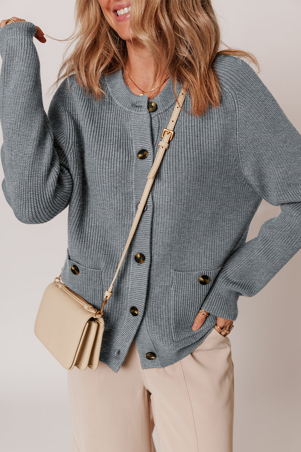 Medium Grey Chunky Buttoned Front Round Neck Cardigan Sweater-TOPS / DRESSES-[Adult]-[Female]-2022 Online Blue Zone Planet
