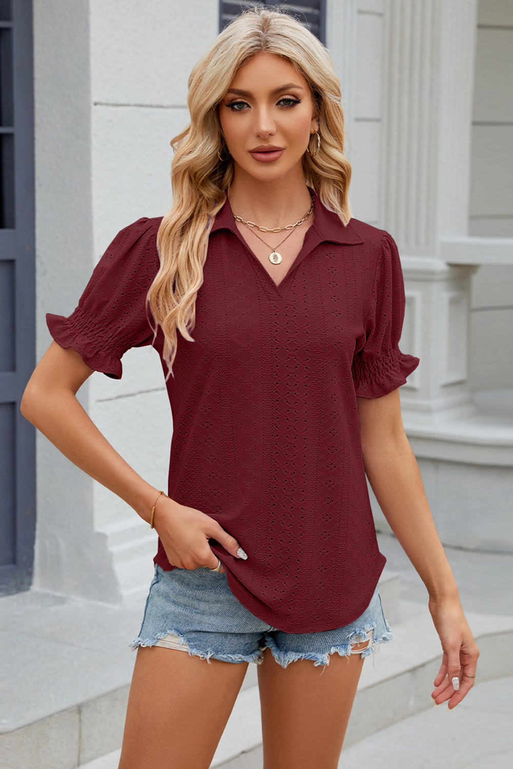 Eyelet Johnny Collar Short Sleeve Blouse-TOPS / DRESSES-[Adult]-[Female]-2022 Online Blue Zone Planet