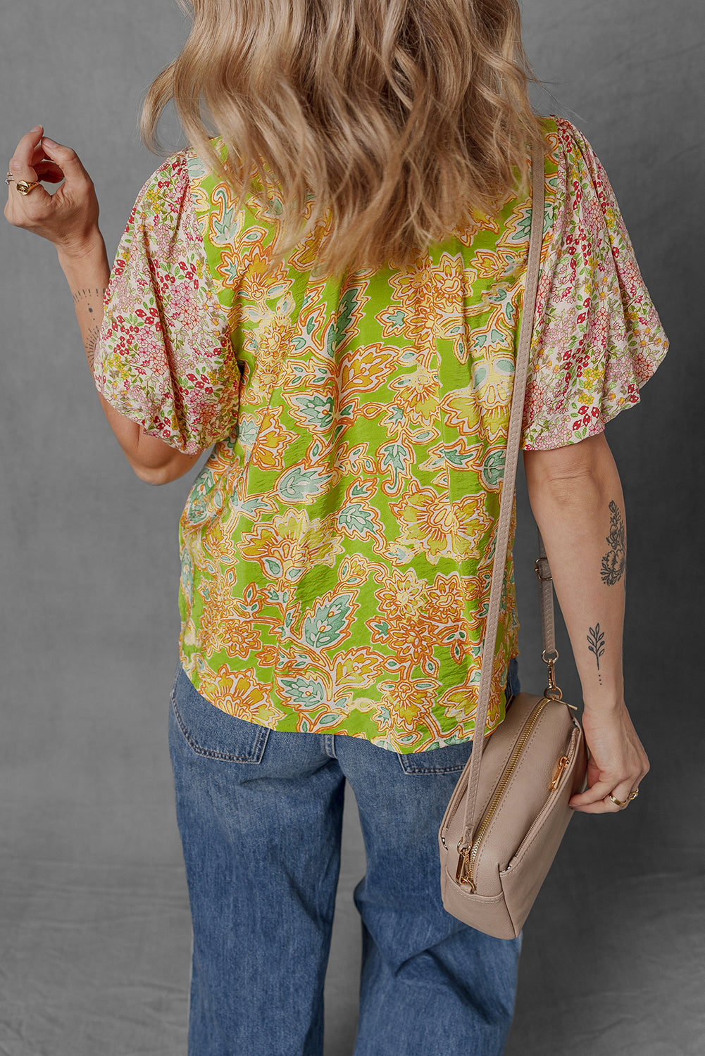 Multicolour Printed Contrast Bubble Sleeve Patchwork Blouse-Tops/Blouses & Shirts-[Adult]-[Female]-2022 Online Blue Zone Planet