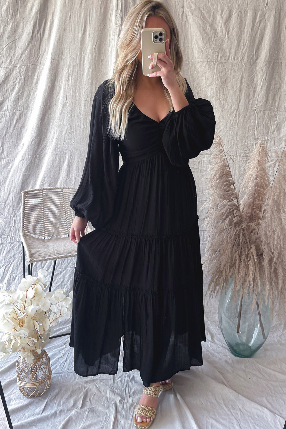 Blue Zone Planet | Black V Neck Bowknot Cutout Frill Tiered Maxi Dress-TOPS / DRESSES-[Adult]-[Female]-2022 Online Blue Zone Planet