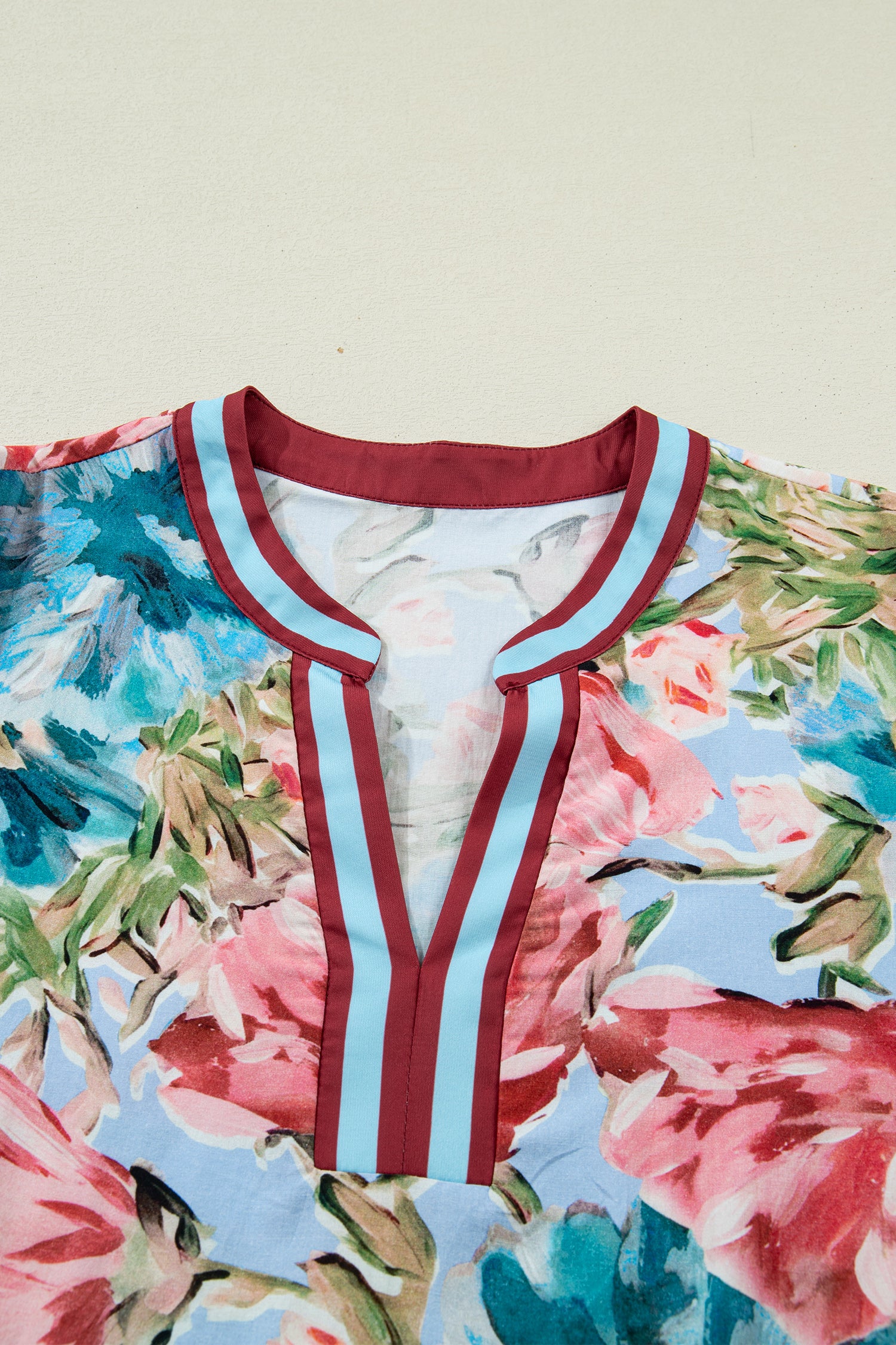 Sky Blue Contrast Trim V Neck Cuffed Bracelet Sleeve Floral Blouse-Bracelet-[Adult]-[Female]-2022 Online Blue Zone Planet