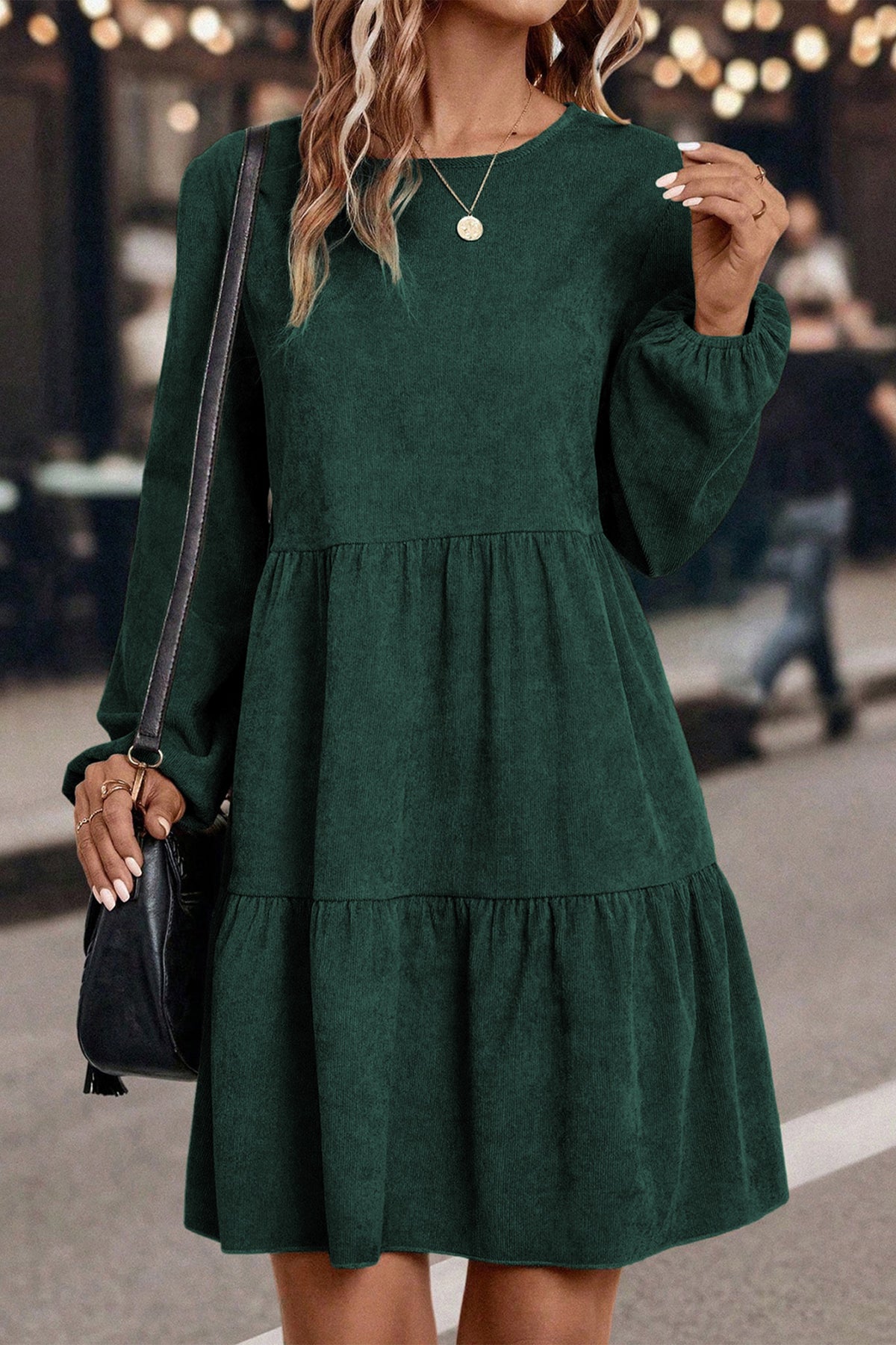 Black Lantern Sleeve Tiered Mini Dress