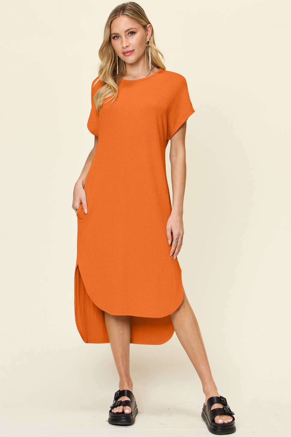 Double Take Full Size Round Neck Short Sleeve Slit Dress-TOPS / DRESSES-[Adult]-[Female]-Tangerine-S-2022 Online Blue Zone Planet