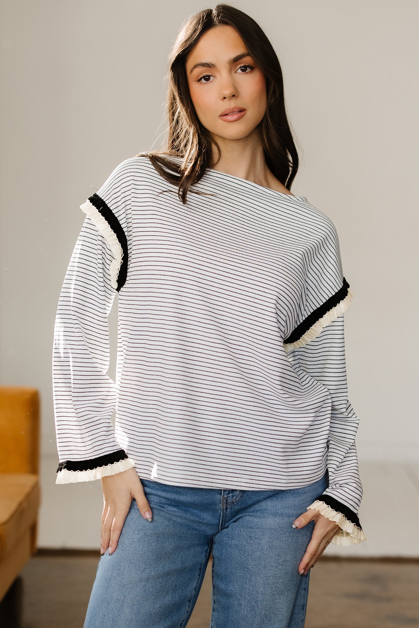 White Stripe Contrasted Ruffle Trim Loose Long Sleeve Top-Tops/Long Sleeve Tops-[Adult]-[Female]-2022 Online Blue Zone Planet