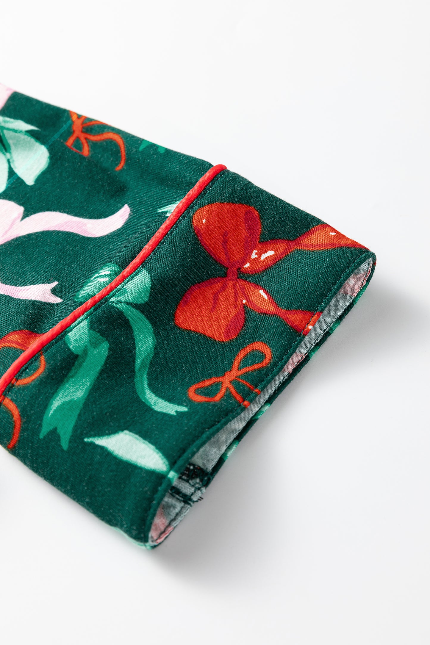 Green Festive Bow Print Long Sleeve Shirt and Pajama Short Set-Loungewear & Sleepwear/Loungewear-[Adult]-[Female]-2022 Online Blue Zone Planet