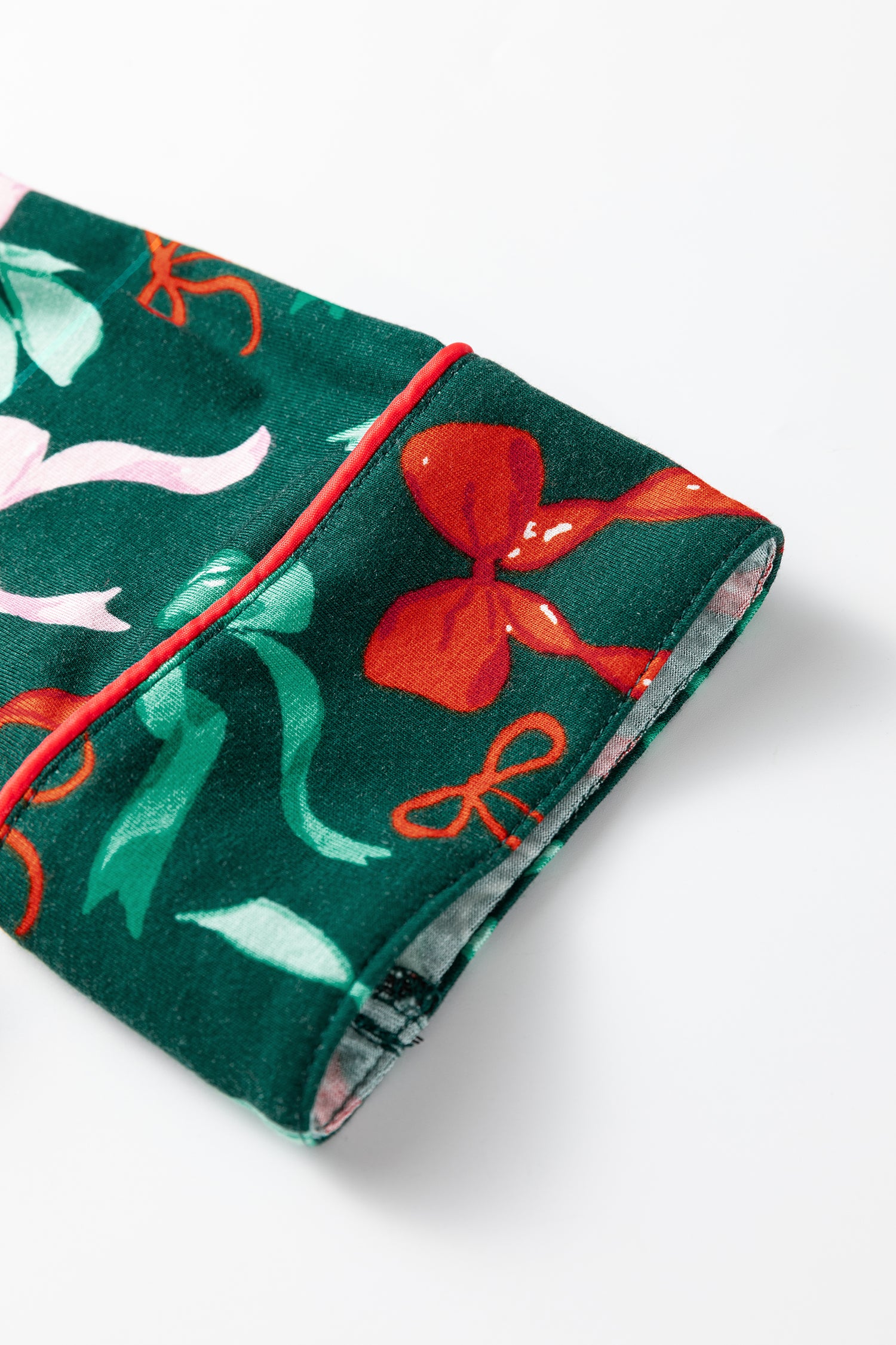 Green Festive Bow Print Long Sleeve Shirt and Pajama Short Set-Loungewear & Sleepwear/Loungewear-[Adult]-[Female]-2022 Online Blue Zone Planet